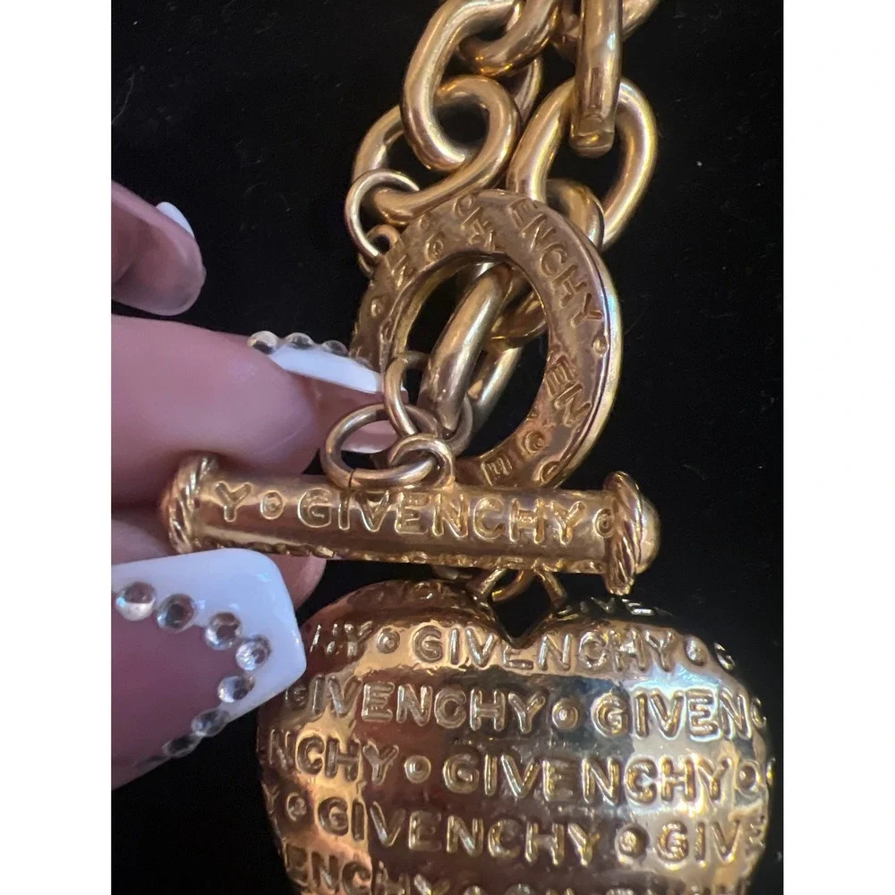Vtg Runway Givenchy Gold Chunky Link Necklace Puffed Logo Heart Toggle Clasp 27